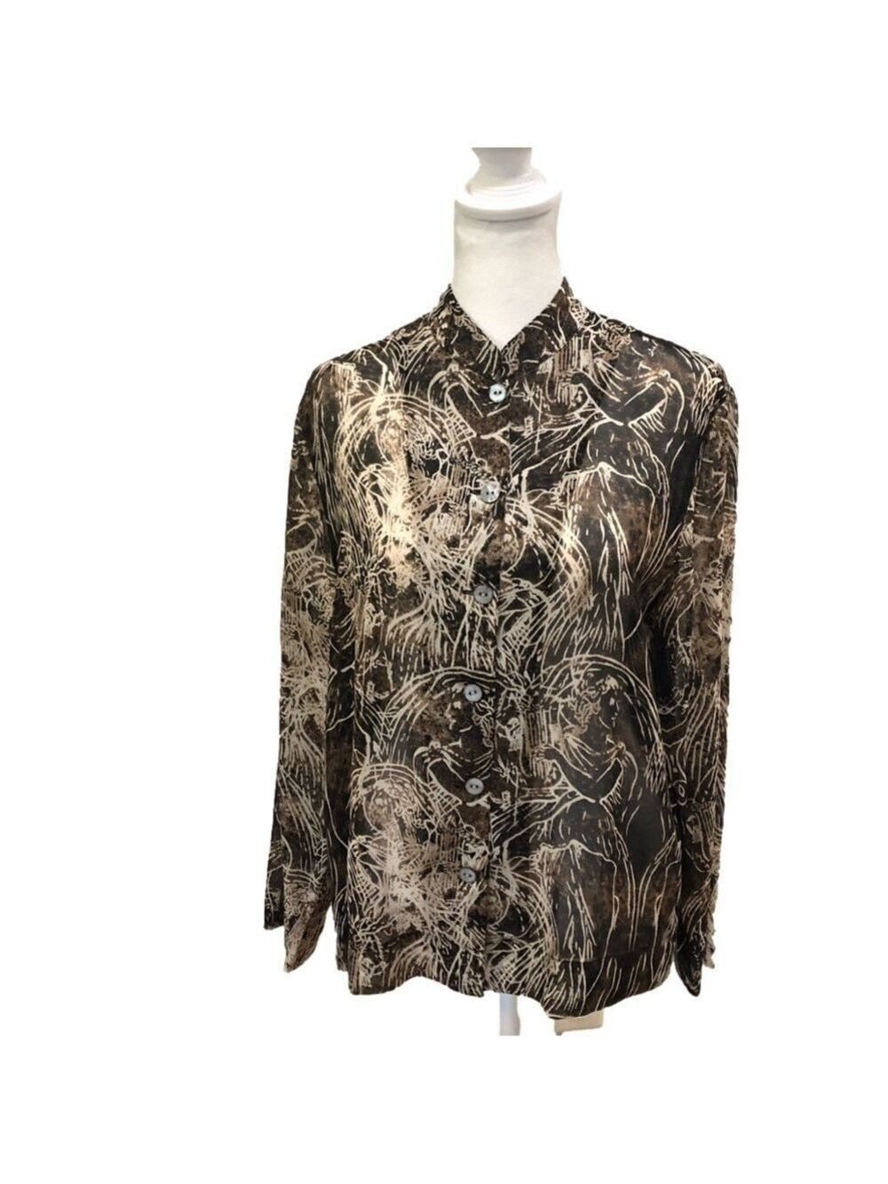 CHICO’S silk button front blouse brown and cream Grecian statue design. Size 0